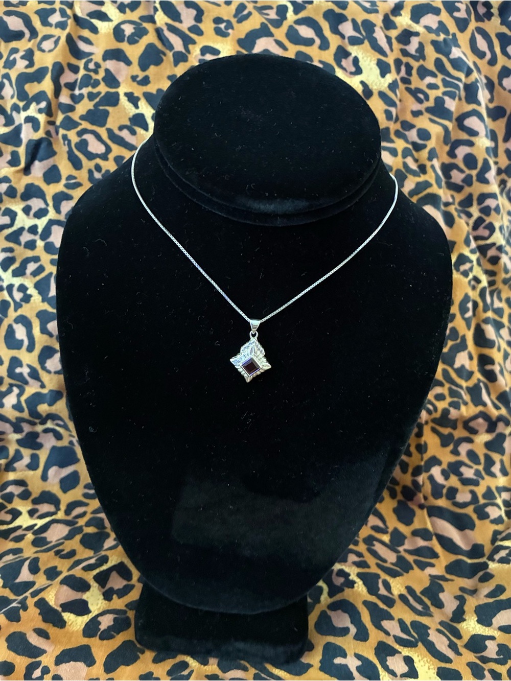 Sterling Silver Garnet Square Pendant Necklace